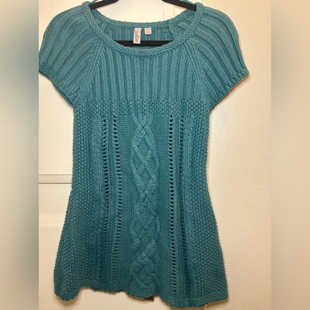 Caslon Teal Cable Knit Tunic Sweater – Short Sleeve Knit Top Size Small